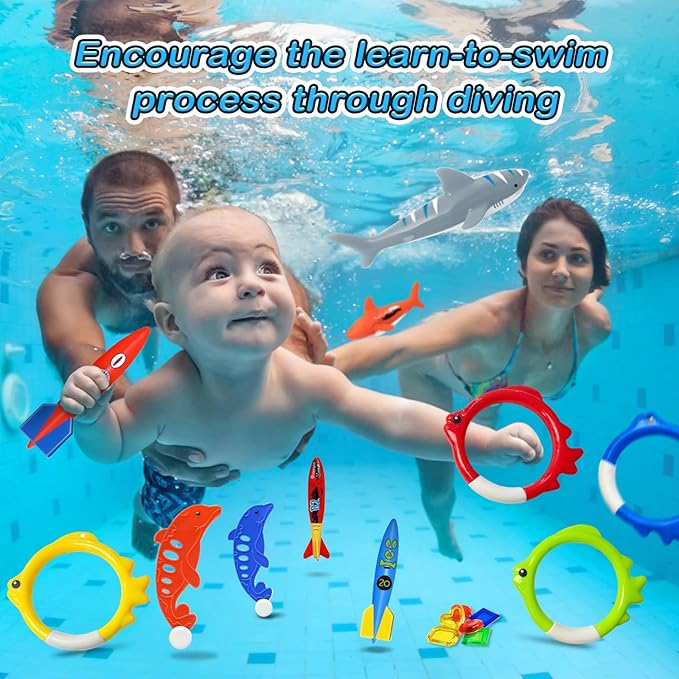 Jasonwell Pool Diving Toys Games - 25PCS Swimming Pool Toys with Dive Sticks and Rings Underwater Treasures Torpedo Bandits Fish Toy etc Fun Water Swim Toy for Boys Girls Adults Kids Teens