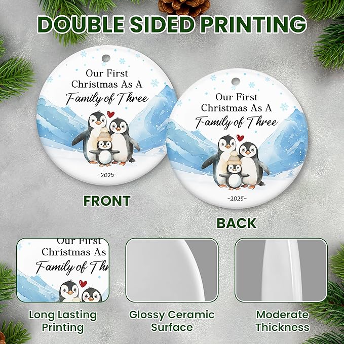 OASSIE Baby's First Christmas Ornaments 2025 - Ceramic Christmas Ornaments 2025 for Tree Decorations - Gifts for New Mom Dad Parents Couples, Family of Three, Pregnancy Announcement for Grandparents