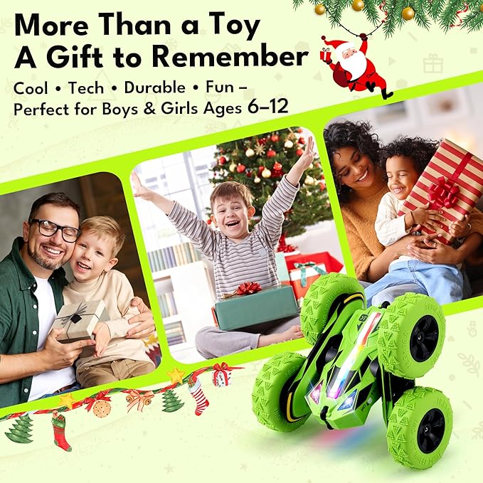 Remote Control Car RC Cars Toys for Boys Girls Ages 6-12, Upgraded USB-C Modular Batteries, Threeking 4WD Stunt Car with Breathing Soft Lights, Double-Sided Driving & 360° Flips, Presents Gifts, Green