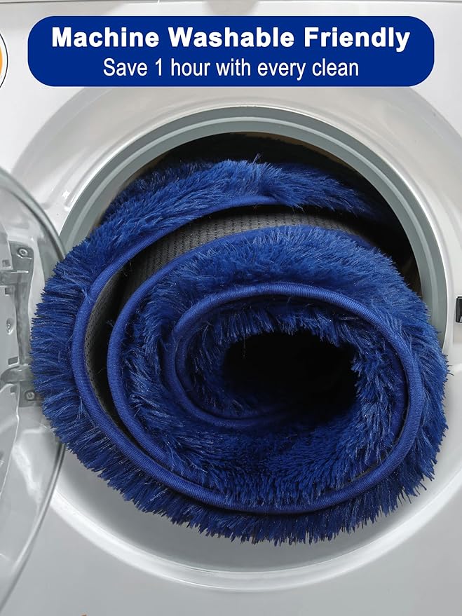 ONASAR Navy Blue Round Area Rugs 5ft, Soft Bedroom Circle Rug Floor Mat for Kids Girls Boys Teen Room, Fluffy Plush Shaggy Carpet for Baby Nursery Living Room Playroom Dorm Home Decor