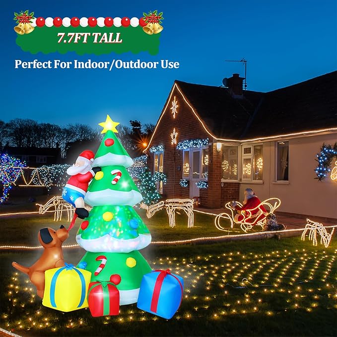 7.7 FT Christmas Inflatables Tree Outdoor Decoration Lighted Santa Claus Climbing Tree Chased by Dog Xmas Decor Blow Up Indoor Outdoor with Build-in LEDs and Gift Boxes & Dogs Lawn Yard Garden
