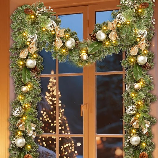 Christmas Garland Lighted Indoor Outdoor Decorations Artificial Christmas Garlands with Light Mantel Pine Cone for Door Porch Holiday Party Outdoor Indoor Xmas Decor 6FT Gold A