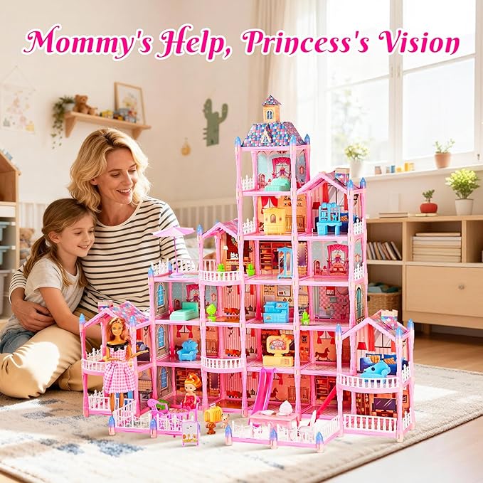 6-Story Doll House Large DIY Playhouse(35 in) for Girls, Little Girl Dream House with Furniture, Little Dog Toy, 2 Princess Figures and Slide, Creative Construction Toy