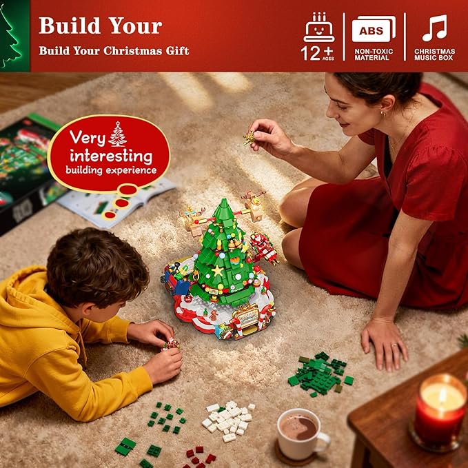 Christmas Tree Building Set with Lights, Christmas Tree Building Blocks Set with Music Box, Flying Reindeer, and Santa Claus Riding a Sleigh, Christmas Toy for Kids 8+ (881 PCS)