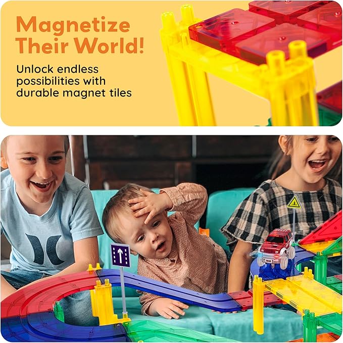PicassoTiles 100pc Magnetic Tiles Race Track Building Set with LED Cars Adjustable Roads and Signs STEM Construction Toy Kit for Kids Educational Learning Toy for Boys and Girls Ages 3 and Up PTR100