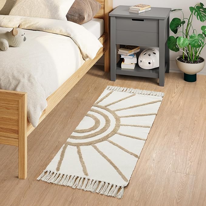 Ojia Boho Bathroom Runner - 2'X4.3', Handwoven Washable Tan Kitchen Rug with Tassels, Bohemian Cotton Accent Throw for Entryway/Floor Carpet