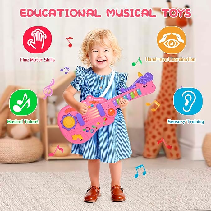 M SANMERSEN Kids Guitar Toddler Toys Guitar for Girls Kids 3 4 5 Year Old 3-in-1 Electric Guitars with Piano Drum Toddler Musical Toy with Strap Light Up Boys Girls Birthday Christmas Easter Gifts