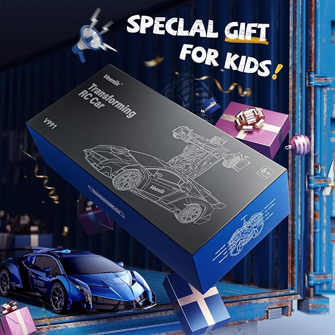 V991 Transform Remote Control Car, 1:10 Big Size, 2 Rechargeable Batteries for 70Min, 2.4GHz Gesture Sensing, One-Key Deformation, Robot Toys Gifts for Boys and Girls (Blue)