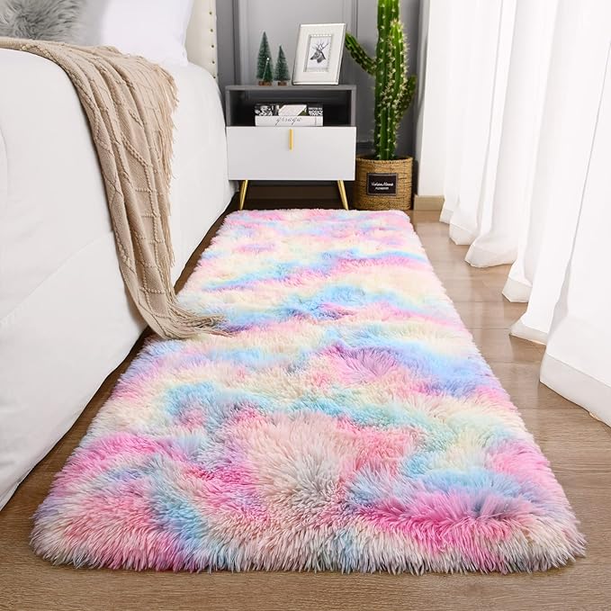 Ompaa Soft Fluffy Rainbow Runner Rug for Girls Bedroom Carpets, Kawaii Tie Dye Kids Rugs for Teens Unicorn Dorm Aesthetic, Pastel Shaggy Nursery Area Rug for Baby Princess Room, 2x4 Feet