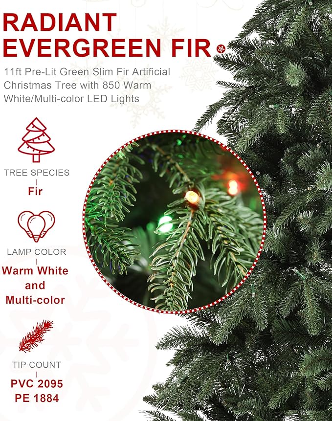 Glitzhome 11ft Prelit Artificial Christmas Tree,Radiant Evergreen Fir with 850 Warm White/Multi-color LED Lights,9 Function,w/Remote Control,Holiday Décor w/Easy Assembly,Metal Hinges & Foldable Base