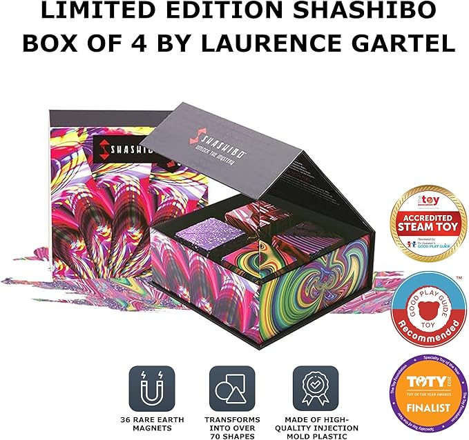 SHASHIBO Limited Edition Gartel Shape Shifting Box - Award-Winning, Patented Fidget Cube w/ 36 Rare Earth Magnets - Designed by Digital Art Pioneer Laurence Gartel (4 Pack)