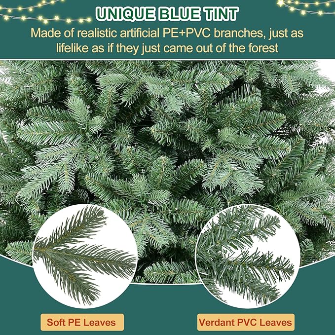 9 FT Artificial Skinny Christmas Tree,Unlit Blue Spruce Slim Pencil Xmas Tree with 2545 PE&PVC Mixed Branch Tips,Hinged Pine Tree with Metal Stand for Home Office Décor