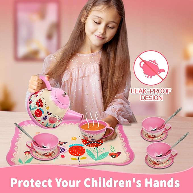 SMILESSKIDDO 46pcs Tea Party Set for Little Girls - Princess Tea Party Set,Kids Kitchen Pretend Play Toys - Toddler Tea Party Sets for Girls 3-5, Girls Tea Party Set Gift for 3 4 5 6 7 8 Girl(Garden)