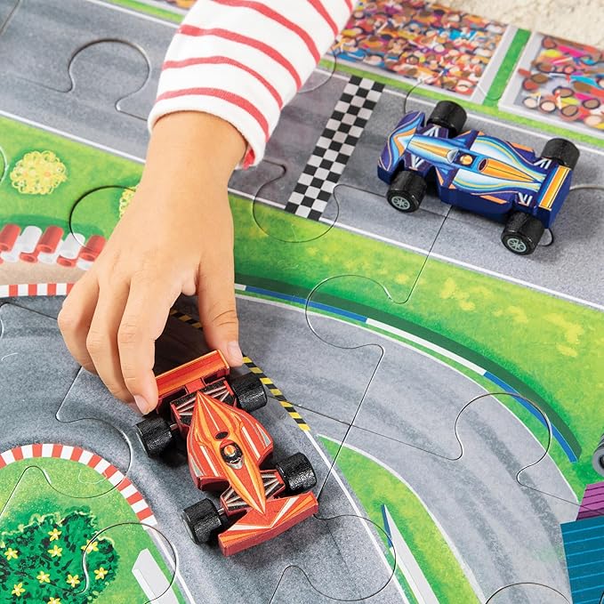 Peaceable Kingdom Puzzle & Play: Race Day - Floor Puzzle for Kids Ages 3 and Up - Includes 3 Wooden Vehicles to Zoom Around The Race Track Puzzle for a Double Dose of Fun - Measures 26” x 36”