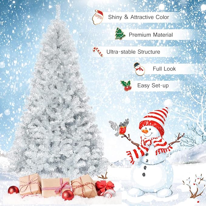 GOFLAME 7.5 FT Artificial Christmas Tree Hinged with 1258 Branch Tips, Silver Tinsel Christmas Tree with Metal Stand, Electroplated Technology for Indoor and Outdoor Holiday Decoration