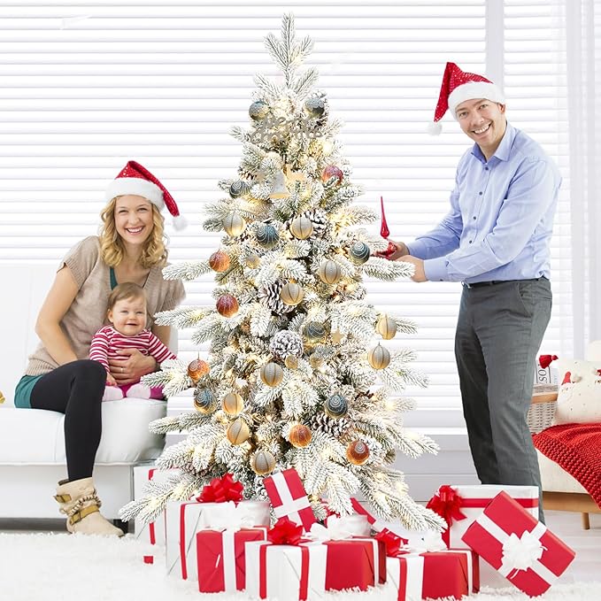 4 FT Pre-Lit Snow Flocked Slim Fir Christmas Tree with 455 PE & PVC Mixed Branch Tips,Artificial Skinny Pencil Xmas Tree with 200 Warm-White Lights & 19 Pine Cones,Hinged Pine Tree with Metal Stand