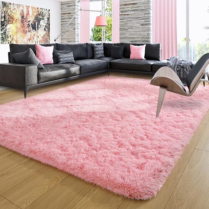 Ompaa Pink 8x10 Feet Large Area Rugs Fluffy Living Room Carpet, Wall to Wall Big Shag Pink Rug for Bedroom Girls Playroom Classroom Nursery Home Office Decor