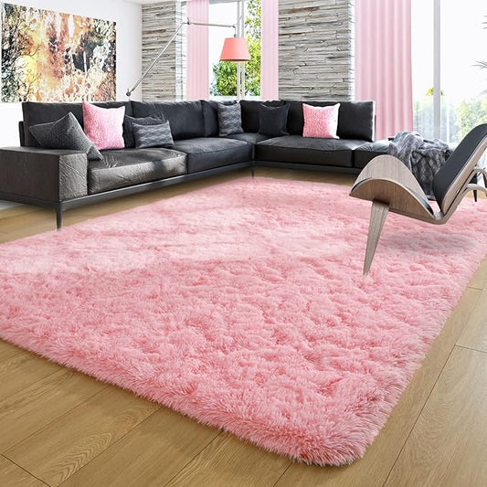 Ompaa Pink 8x10 Feet Large Area Rugs Fluffy Living Room Carpet, Wall to Wall Big Shag Pink Rug for Bedroom Girls Playroom Classroom Nursery Home Office Decor