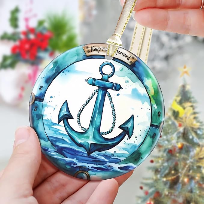 3.5 Inch Ceramic Christmas Tree Ornament, Ocean Anchor Christmas Ornaments, Heirloom Keepsake, Gift Exchange, Gift Idea, Bauble Present