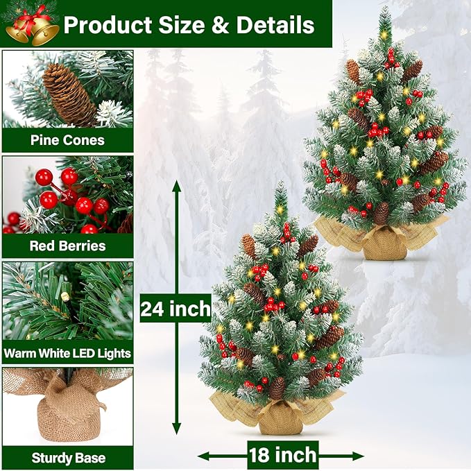 [2 Pack & Timer] 24 Inch Realistic Snowy Tabletop Christmas Tree Small Christmas Tree with 50 Warm Lights Battery Operated Red Berries Pine Cone Burlap Base Indoor Home Table Christmas Decorations