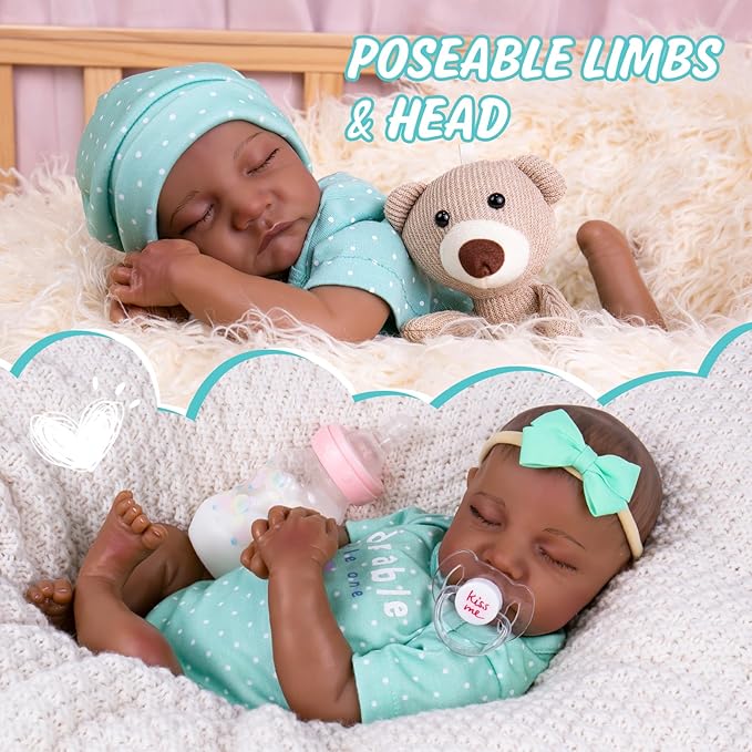 Aori Lifelike Reborn Baby Dolls Black - 18 Inch Realistic Newborn Baby Dolls Black American Real Life Babies Dolls Cloth Body with Feeding Kit & Gift Box for Kids Age 3+