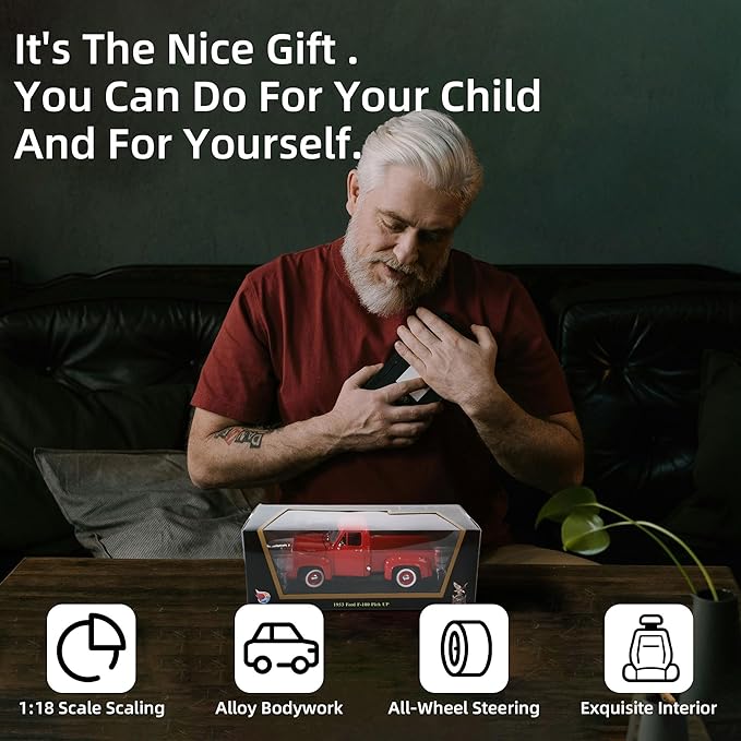 1953 Ford F-100 Pickup Truck 1/18 Scale Die-Cast Metal Model Alloy Collection Cars with Display Case, with Opening Doors, Best Gift for Men, Dad & Kids 14+ Years(Red)