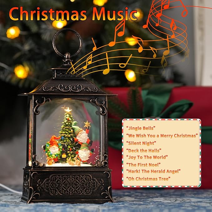 Christmas Snow Globes with Gnomes, Light Up Snow Globe with Music Timer - USB Plug or Battery Operated Glitter Globe Indoor Christmas Decorations