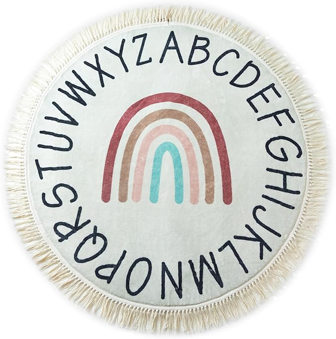 ABC Rug for Kids - 4ft Lovely Boho Rainbow Rug, Toddlers & Baby Rug for Playroom, Round Classroom Rug,Ultra Soft & Non Slip Alphabet Rug-Nursery Rug, Children's Room Carpet,Washable Kids Rug - 47 inch