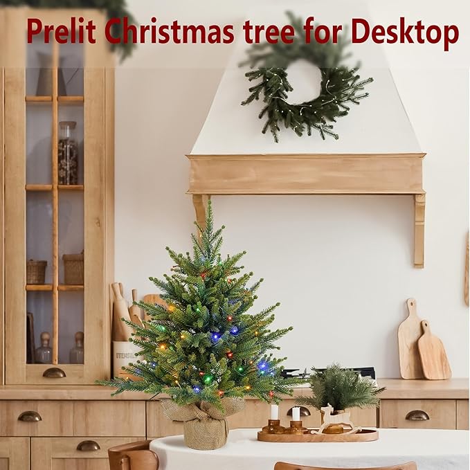 Prelighted Mini Christmas Tree 2 Ft with 70 LED Warm & Multi-Color Light, Artificial Small Xmas Tree 24 inch Tabletop Tree Christmas Decoration for Bedroom Fireplace Mantel