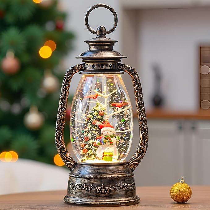 12" Christmas Snow Globe Lantern, Musical Glowing Snow Globe, Indoor Home Christmas Decor, Battery or USB Powered, with 6-Hour Timer, Holiday Decor Gift Christmas Lantern (Snowman Christmas Tree)