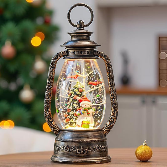 12" Christmas Snow Globe Lantern, Musical Glowing Snow Globe, Indoor Home Christmas Decor, Battery or USB Powered, with 6-Hour Timer, Holiday Decor Gift Christmas Lantern (Snowman Christmas Tree)
