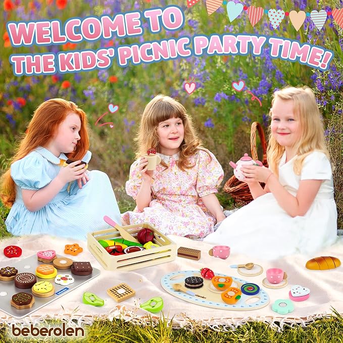 Wooden Tea Set for Little Girls Birthday Gift 3-4 Year Old Princess Toys Play Food Sets for Kids Kitchen Accessories Toddlers 3-5 Outdoor Party Pretend Food Dessert Cookies Wood Toy