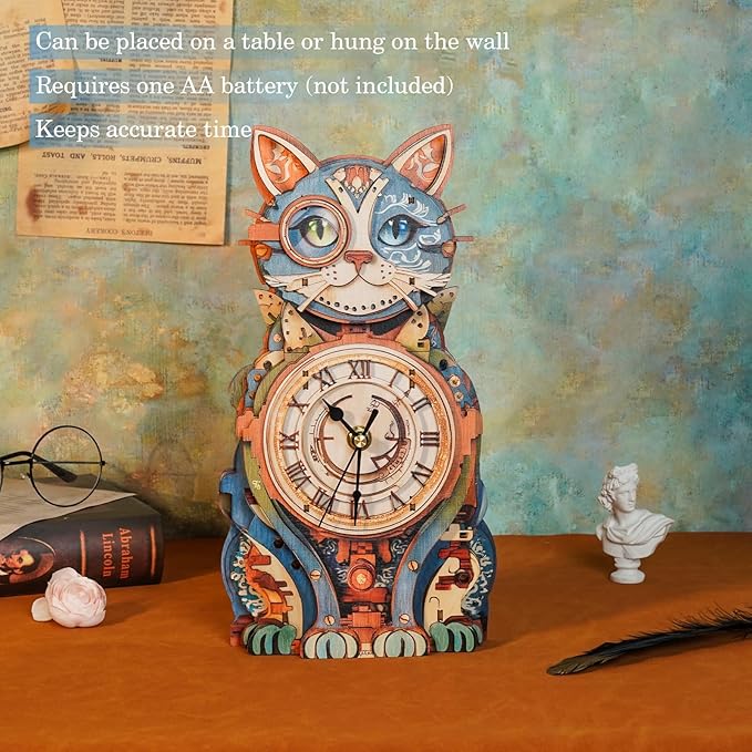 3D Puzzles for Adults Clock-Cat Detective Design Model Kit-Mechanical DIY Pendulum Clock with Roman Numerals-Desk Home Office Decor Personalized Gift for DIY Lovers