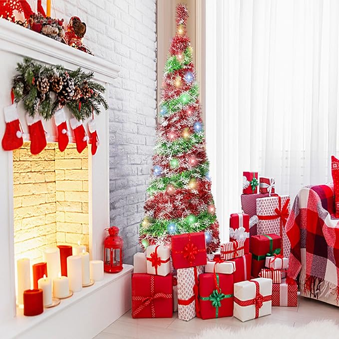 5FT Christmas Trees with 90 Lights, Collapsible Artificial Sequin Pop Up Christmas Tree, Tinsel Slim Pencil Christmas Tree for Home Holiday Fireplace Party Indoor Outdoor Xmas Decorations