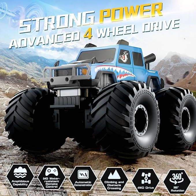 NQD® Monster Truck Toys, Waterproof 360°Rotate 4x4 RC Truck, Amphibious Remote Control Monster Trucks, 2.4GHz All Terrain Off-Road Pickup Toy RC Car for Gifts for Boys Kids Age 6 7 8 9 10 11 12+, Blue