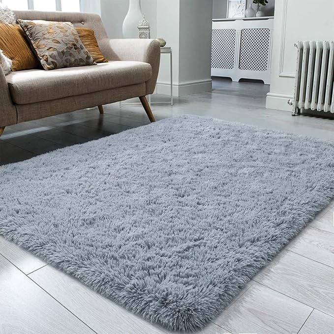 Ompaa Fluffy Area Rugs, Super Soft Shaggy Rug Fuzzy Long Fur Carpets for Bedroom Living Room Decor, 4 x 6 Feet Gray Blue