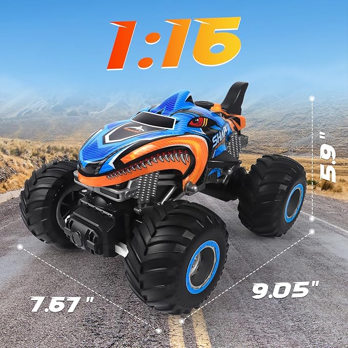1:16, 2.4 GHz All Terrain Monster Truck, RC Truck 2 Rechargeable Batteries for 80 Mins Play, Spray Remote Control Car for Boys 8-12 and Girls or Adult, MK724A