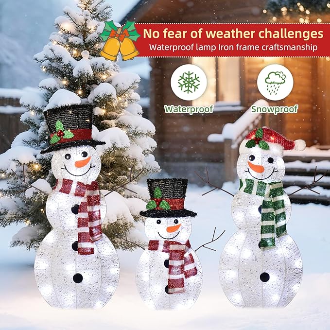 3-Piece 2D Light-Up Christmas Snowman Family Set - Large Outdoor Yard Decoration Holiday Decor with 80 LED Warm White Lights