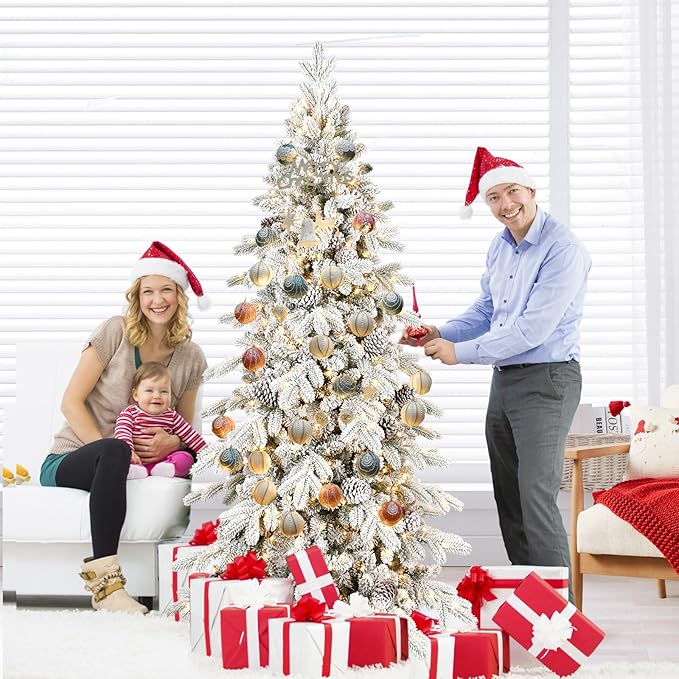 6.5 FT Pre-Lit Snow Flocked Slim Fir Christmas Tree with 1085 PE & PVC Mixed Branch Tips,Artificial Skinny Pencil Xmas Tree with 700 Warm-White Lights & 37 Pine Cones,Hinged Pine Tree with Metal Stand