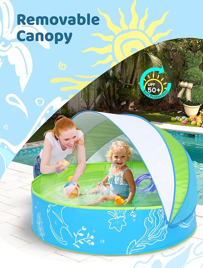 Foldable Kiddie Pool with Canopy: 47in Baby Pool and Beach Tent for Toddlers Infants 6-12 Months and Kids 2-4 Years Old - Portable Water Play with Shade for Outdoor Backyard Beach (Blue-Green)