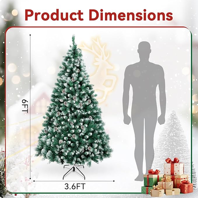 6FT Artificial Christmas Tree, Unlit Hinged Premium Xmas Trees with 800 Branch Tips, 30 Pine Cones, Foldable Metal Stand for Home, Office, Holiday Party Decoration