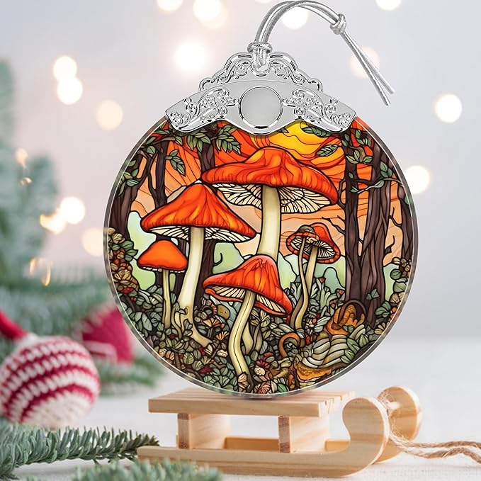 Mushroom Stained Glass Orament - Christmas Ornament - Christmas Decorations for Tree - Holiday Present ldeas - Gift Exchange
