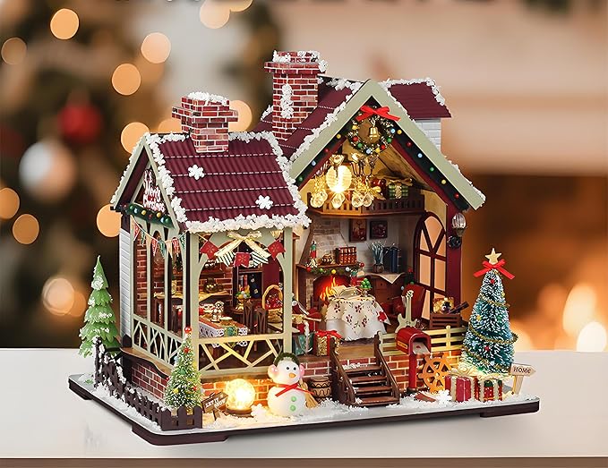 DIY Christmas Miniature House Kit Mini Wooden Dollhouse Kits for Adults Xmas Eve Snowflakes Building with LED Light, Diorama Model Birthday Gifts for Family/Friends