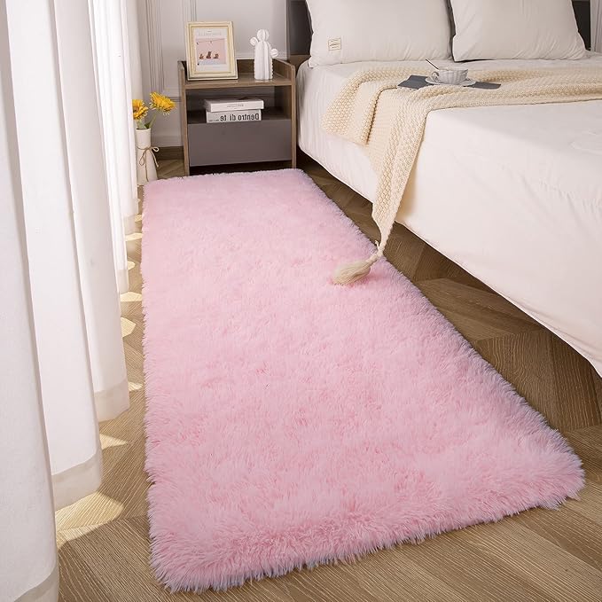 Ompaa Fluffy Runner Rugs, 2x6 Feet Pink, Super Soft Shaggy Carpet Fuzzy Long Fur Rug for Bedroom Living Room Dorm, Plush Kids Playroom Baby Girls Nursery Decor Mats
