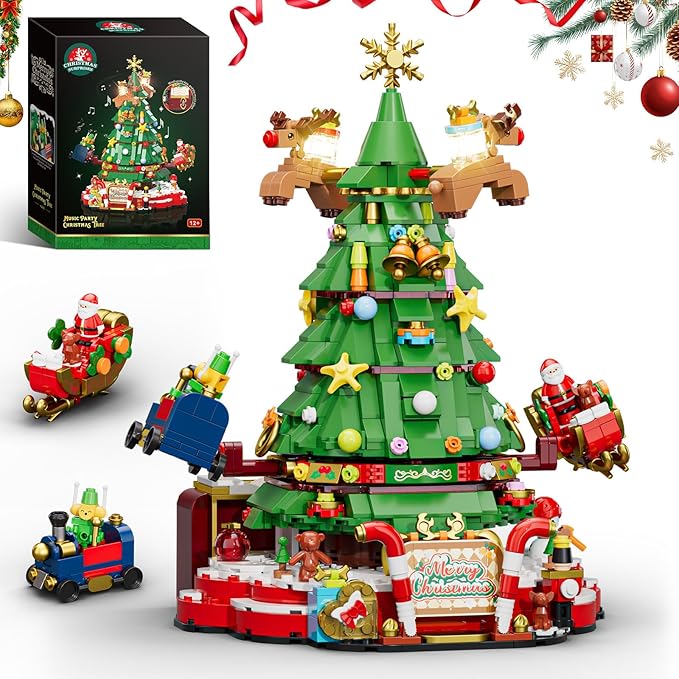 Christmas Tree Building Set with Lights, Christmas Tree Building Blocks Set with Music Box, Flying Reindeer, and Santa Claus Riding a Sleigh, Christmas Toy for Kids 8+ (881 PCS)