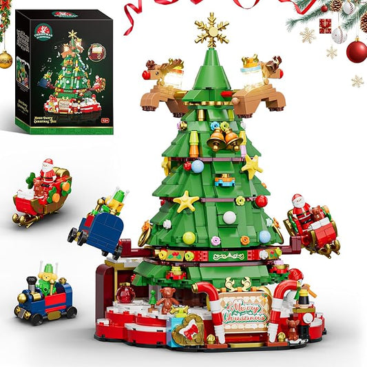 Christmas Tree Building Set with Lights, Christmas Tree Building Blocks Set with Music Box, Flying Reindeer, and Santa Claus Riding a Sleigh, Christmas Toy for Kids 8+ (881 PCS)