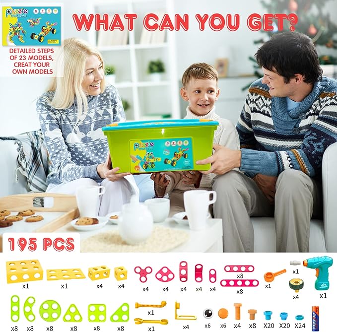 NXONE 195 PCS Educational STEM Toys for Boys and Girls Ages 3 4 5 6 7 8 9 10 Construction Building Blocks Toy Building Sets Kids Toys Creative Activities Games with Storage Box