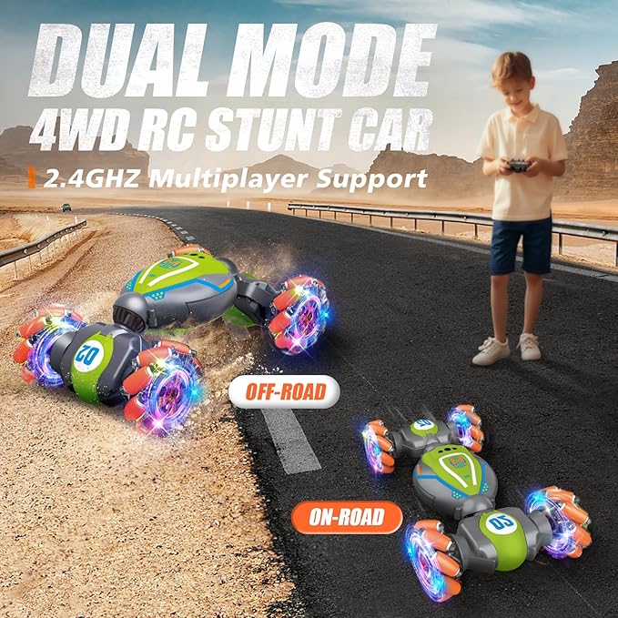 Rc Car Boys Toys 6-8 Years Old,Cool Birthday Gifts for Boys Ages 8-13 4WD Gesture Sensing Rc Stunt Car for Ages 5 7 9 10 Years Old Kids with Light and Music-Large Green