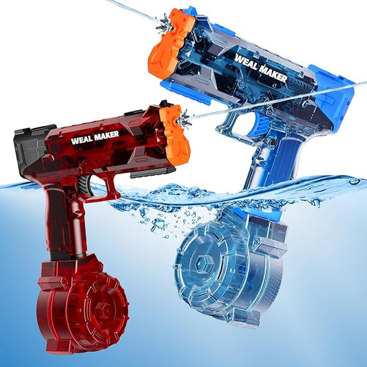 2 Pack Stronger Electric Water Gun for Kid/Aldult,Transparent Automatic Squirt Guns High Powered IP67 Waterproof, Water Guns with 400 Ammos for Outdoor Summer Beach Pool （Blue+Red）
