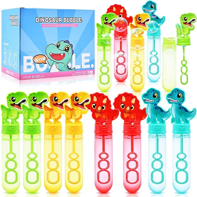 24 Pack Dinosaur Bubble Wands for Kids - Refillable Dino Bubble Sticks with Cute Dinosaur Designs, Bubbles Bulk Toys for Birthday, Classroom Prizes, Party Favors, Outdoor Play, Boys & Girls Gifts